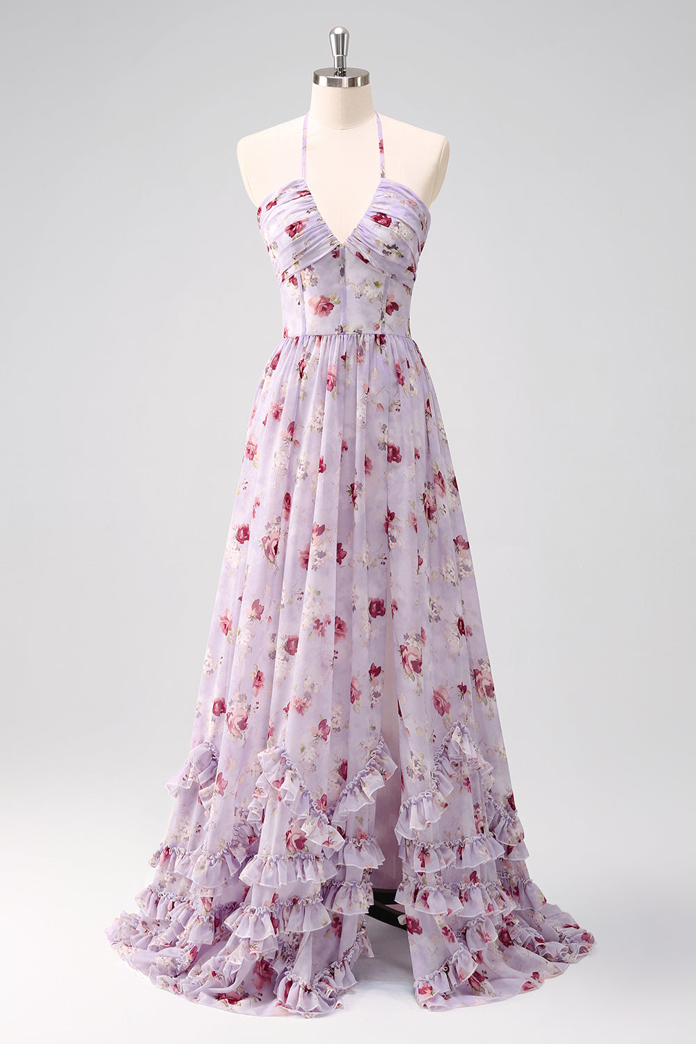 Grey Purple Halter Floral Ruffled A-Line Bridesmaid Dress with Slit