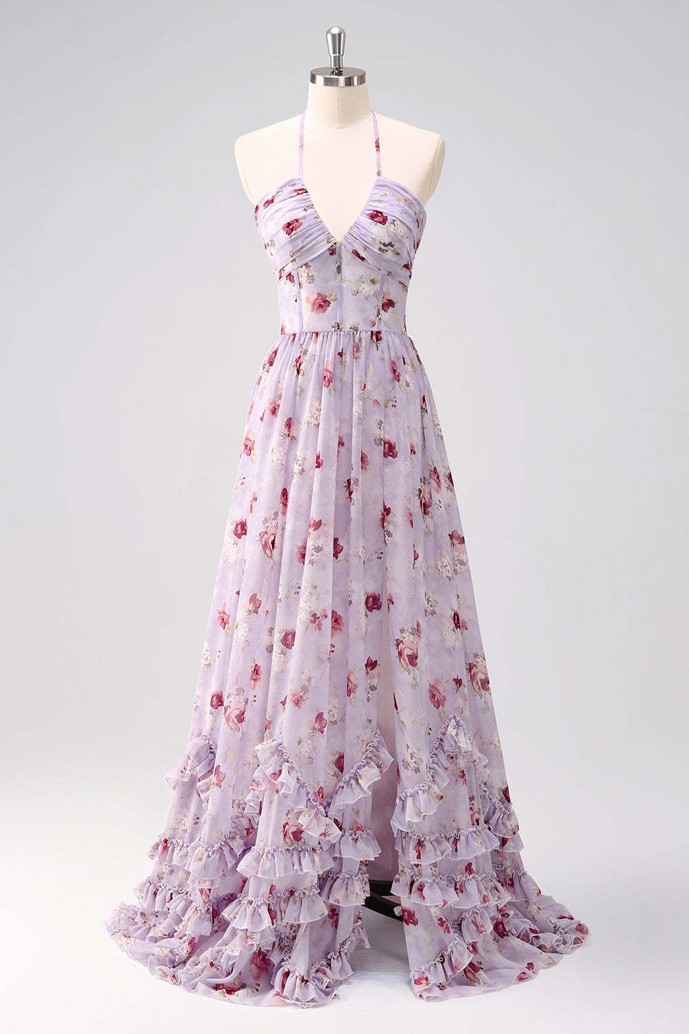 Grey Purple Halter Floral Ruffled A-Line Bridesmaid Dress with Slit