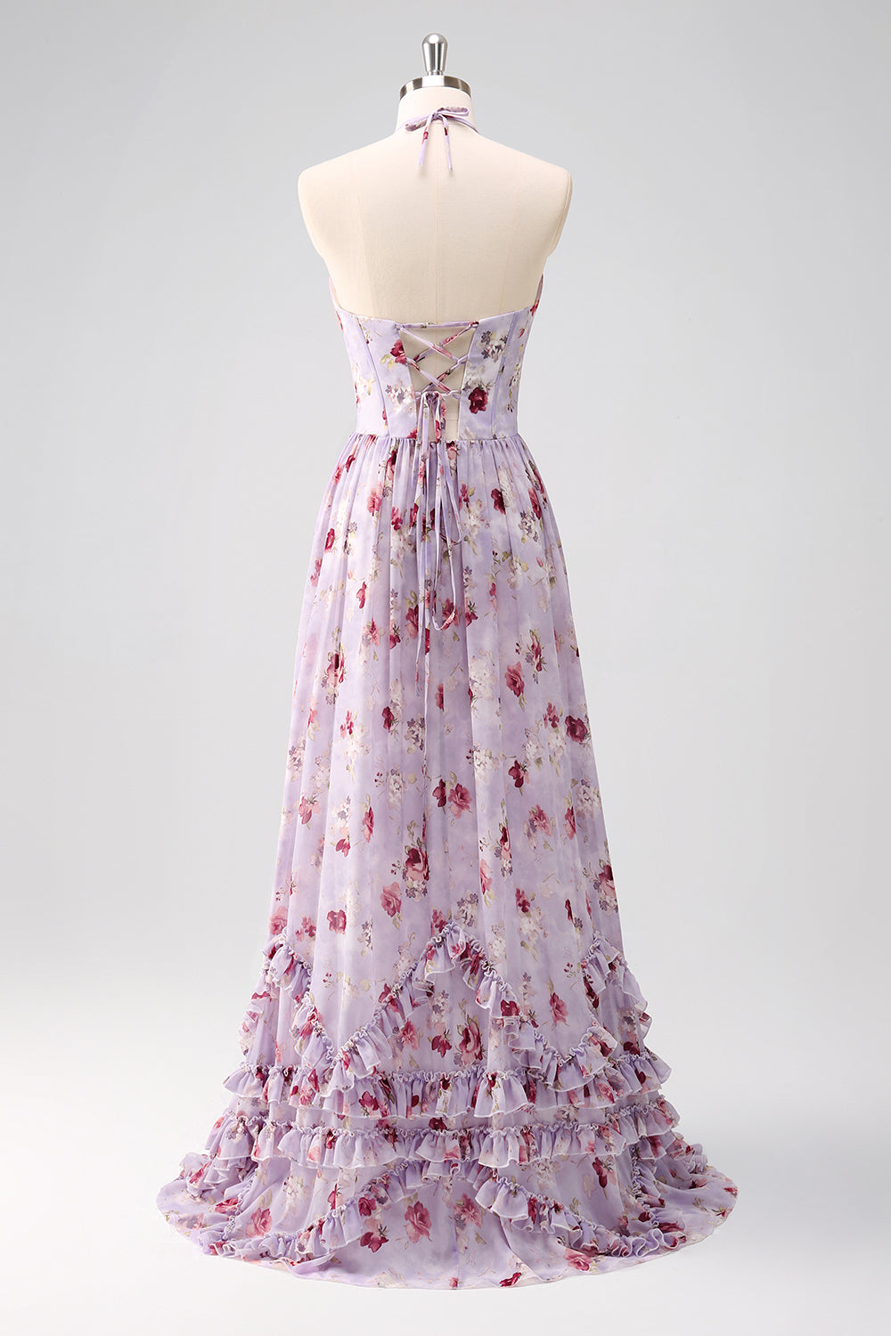 Grey Purple Halter Floral Ruffled A-Line Bridesmaid Dress with Slit