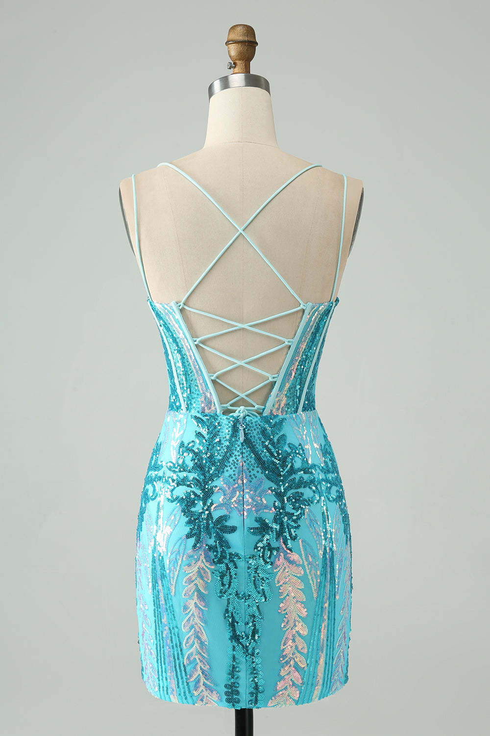 Spaghetti Straps Corset Blue Sequins Mini Homecoming Dress