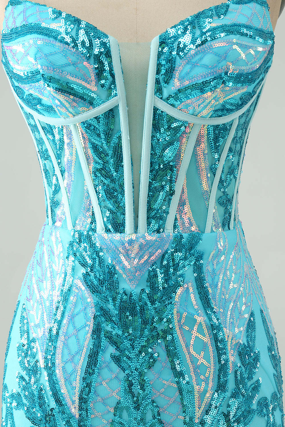 Spaghetti Straps Corset Blue Sequins Mini Homecoming Dress