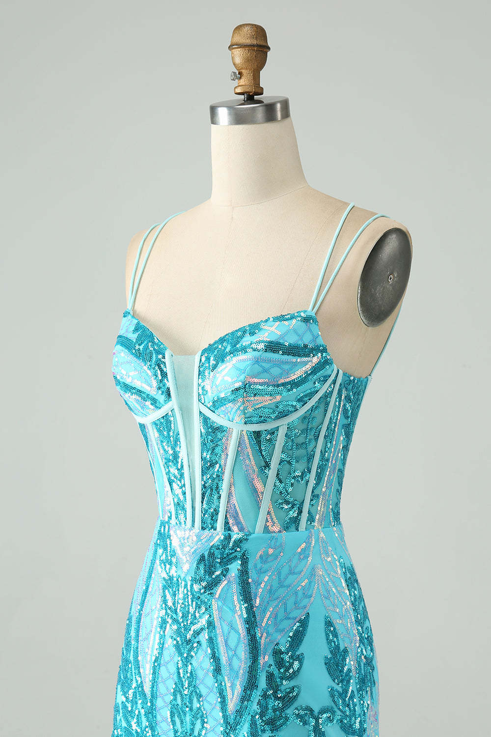 Spaghetti Straps Corset Blue Sequins Mini Homecoming Dress
