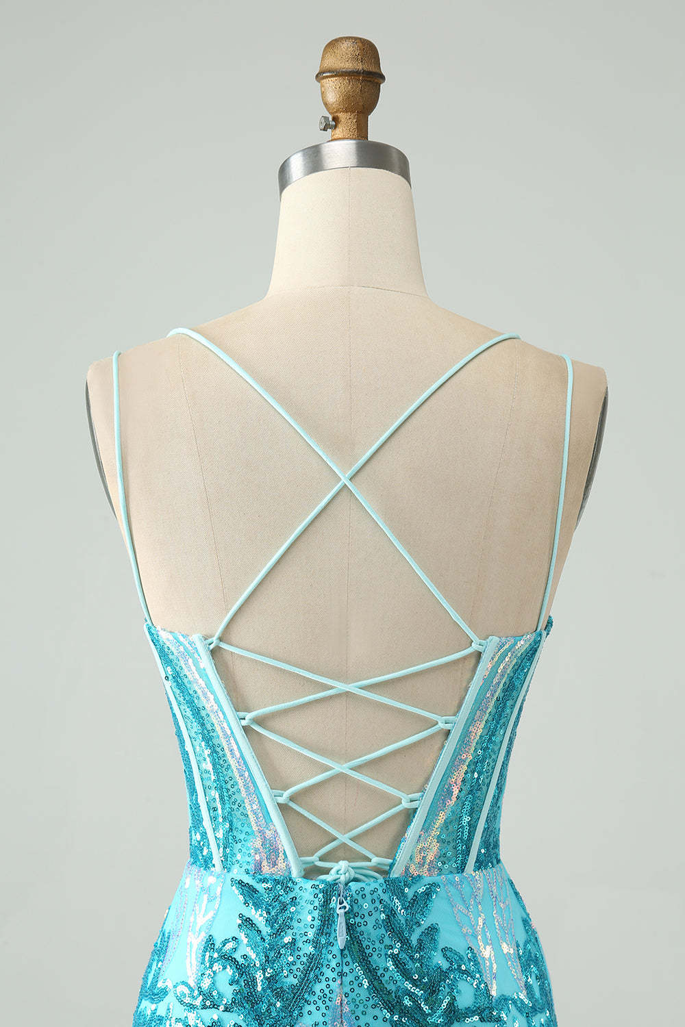 Spaghetti Straps Corset Blue Sequins Mini Homecoming Dress