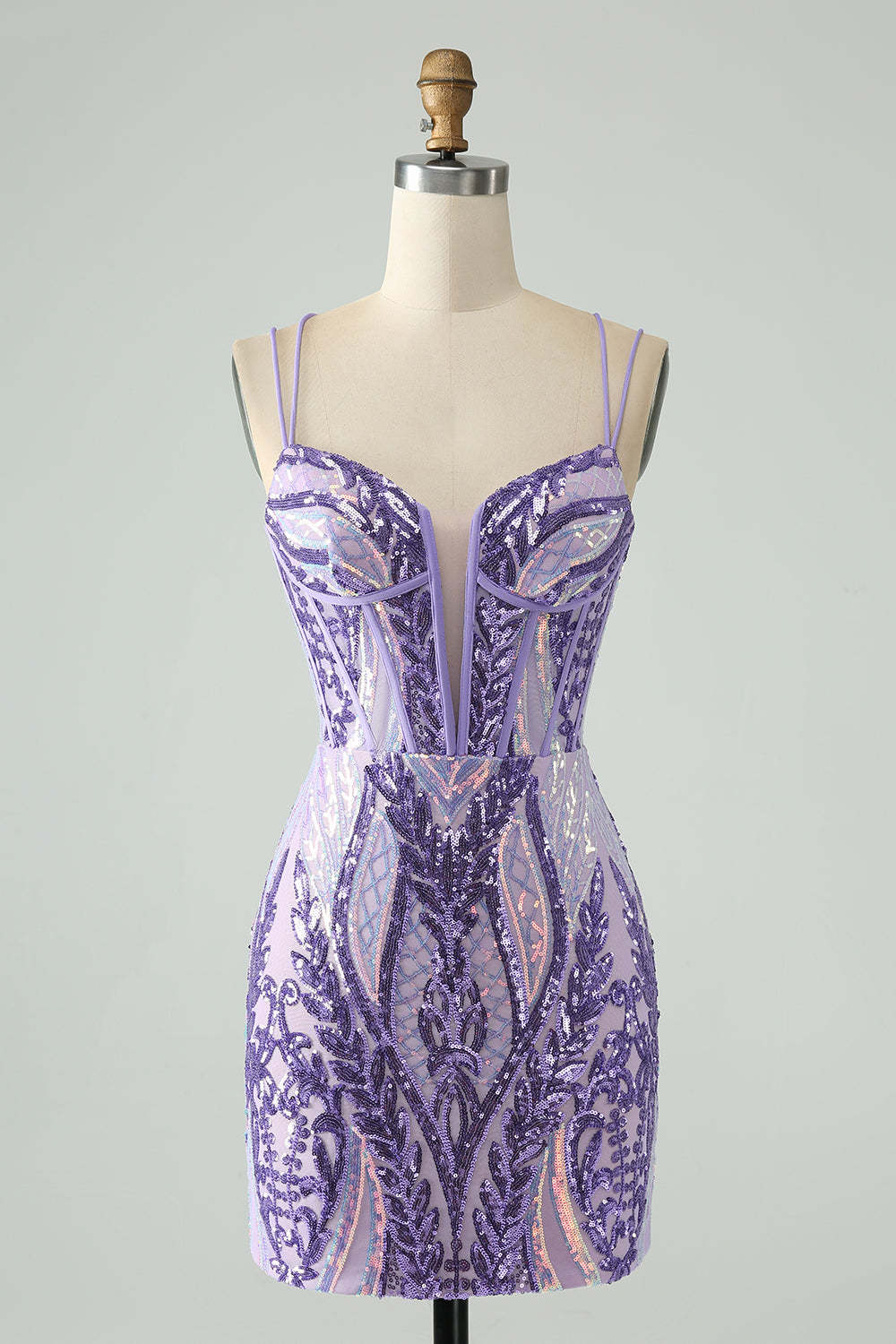 Spaghetti Straps Corset Dark Purple Sequins Bodycon Mini Homecoming Dress