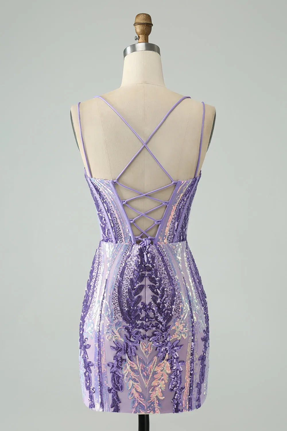 Spaghetti Straps Corset Blue Sequins Mini Homecoming Dress