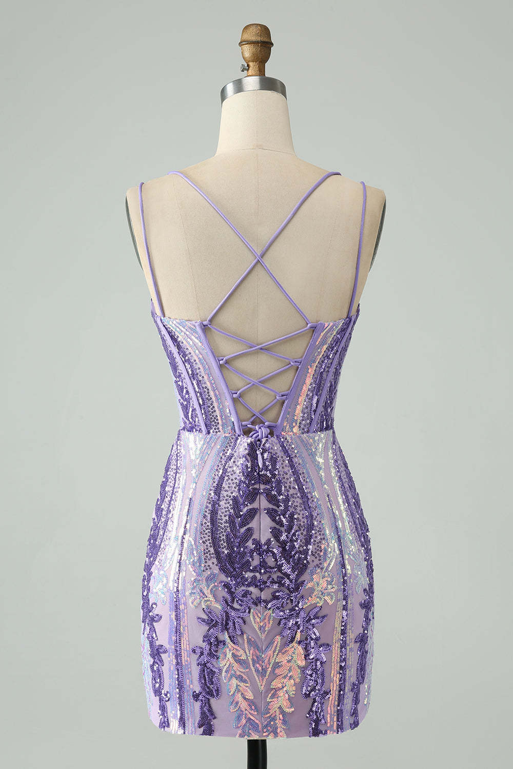 Spaghetti Straps Corset Dark Purple Sequins Bodycon Mini Homecoming Dress