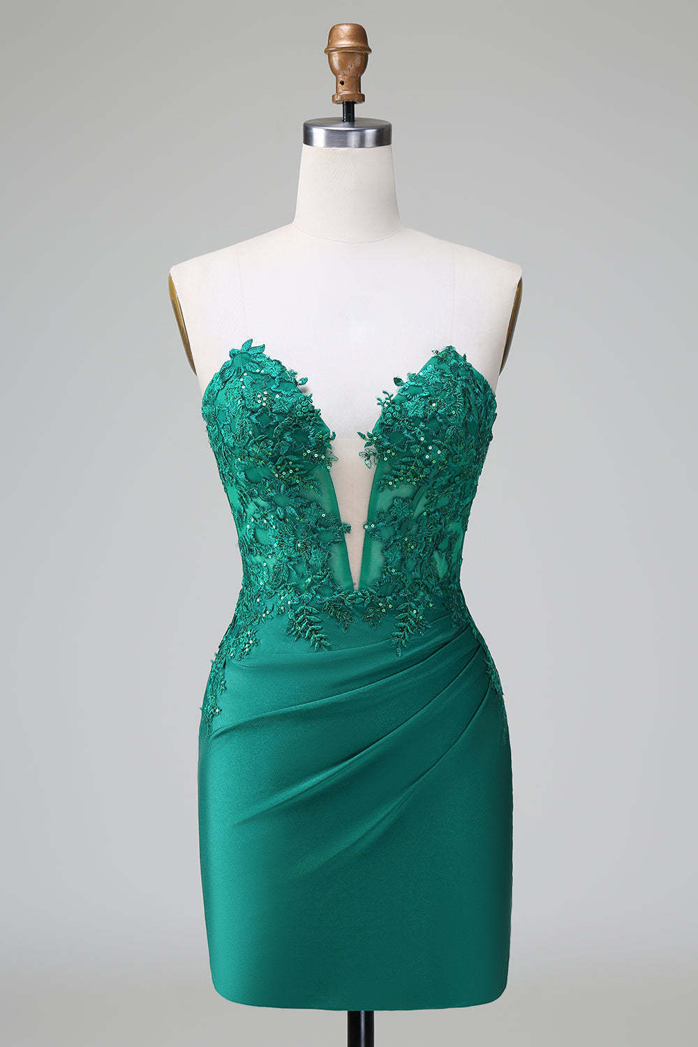 Leely Women Dark Green Mini Homecoming Dress Deep V Neck Strapless Applique Satin Cocktail Dress