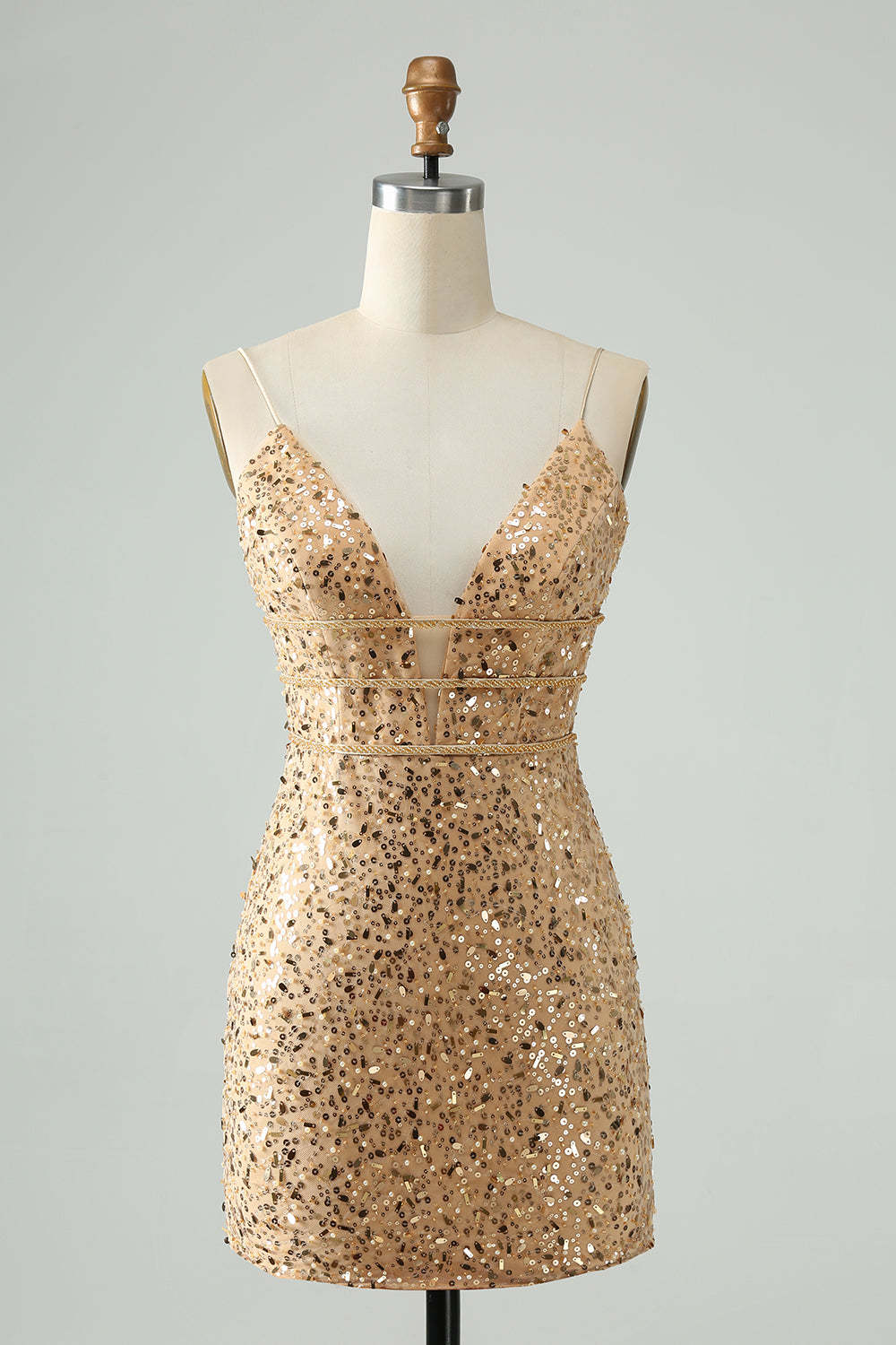 Leely Women Golden Homecoming Dress Deep V Neck Sequins Tight Short Party Dress