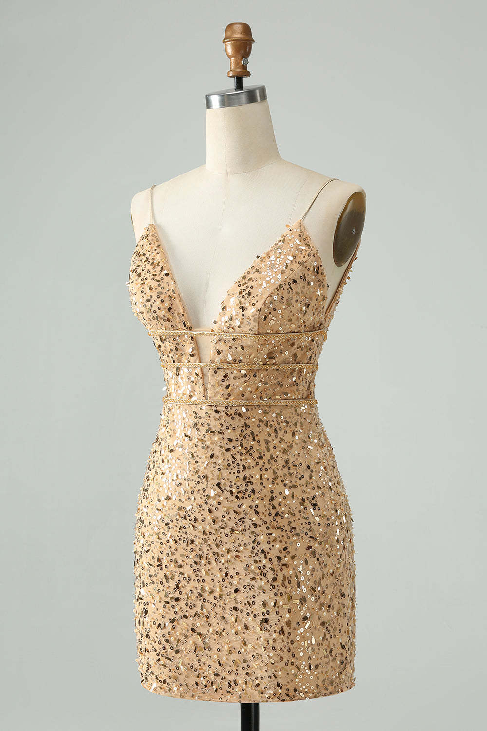 Golden Deep V Neck Sequins Tight Short Homecoming Dress