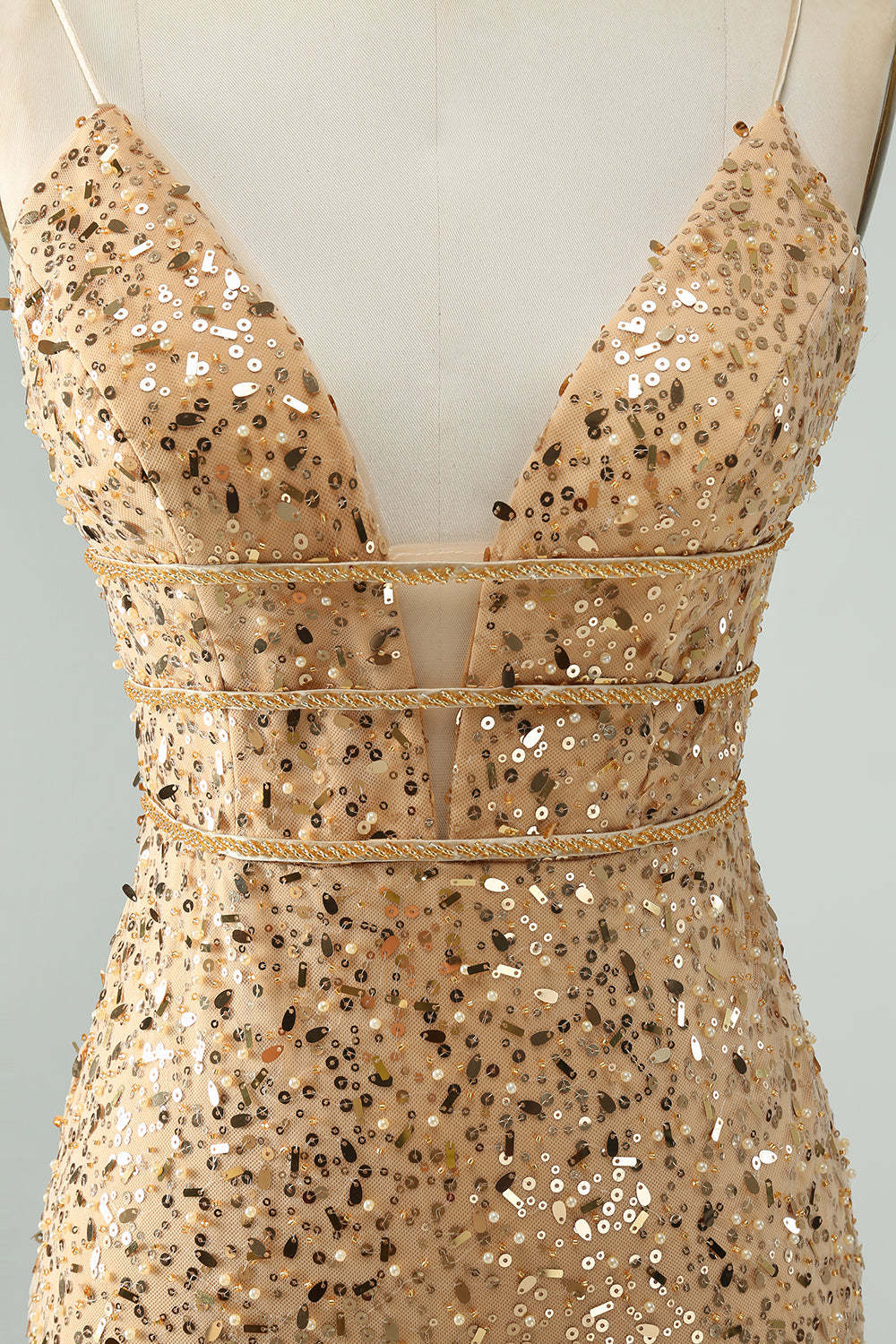 Golden Deep V Neck Sequins Tight Short Homecoming Dress