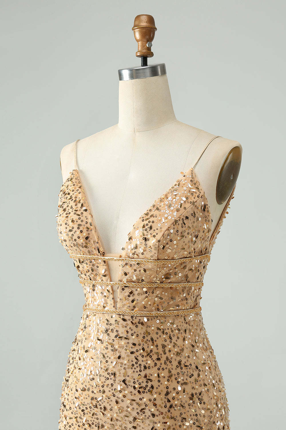 Golden Deep V Neck Sequins Tight Short Homecoming Dress