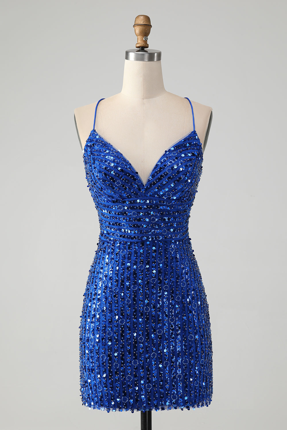 Royal Blue Spaghetti Straps Sequins Print Short Homecoming Dress