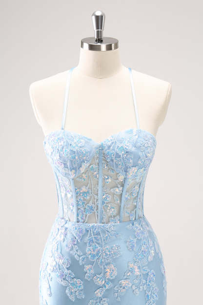 Blue Corset Applique Tight Short Homecoming Dress with Sequins