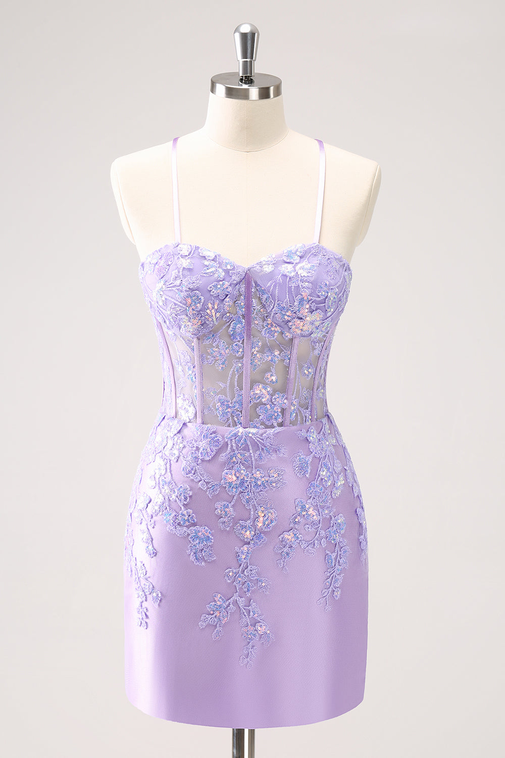 Leely Women Lilac Corset Boning Applique Tight Short Homecoming Dress with Sequins Party Dress with Criss Cross Back