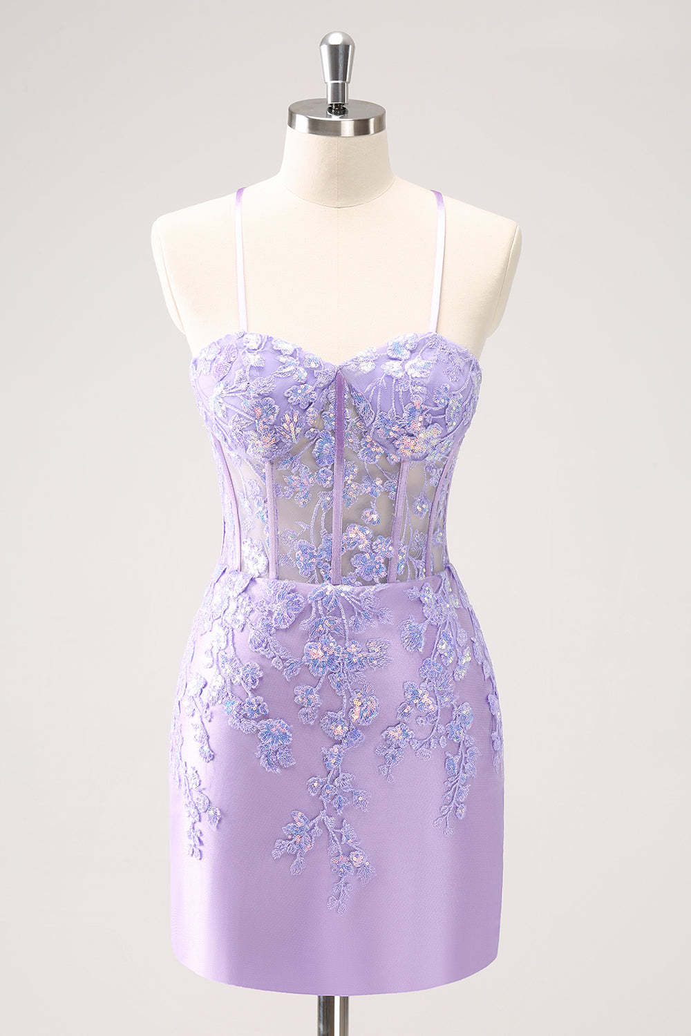 Leely Women Lilac Corset Boning Applique Tight Short Homecoming Dress with Sequins Party Dress with Criss Cross Back