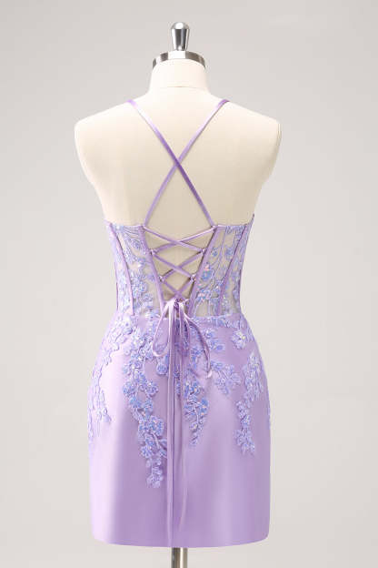 Lilac Corset Boning Applique Tight Short Homecoming Dress with Sequins