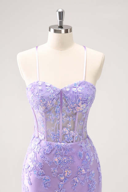 Lilac Corset Boning Applique Tight Short Homecoming Dress with Sequins