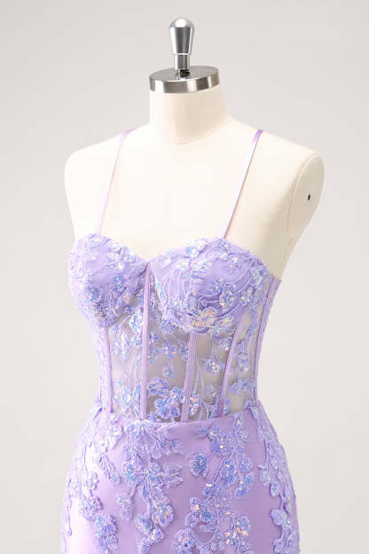 Lilac Corset Boning Applique Tight Short Homecoming Dress with Sequins