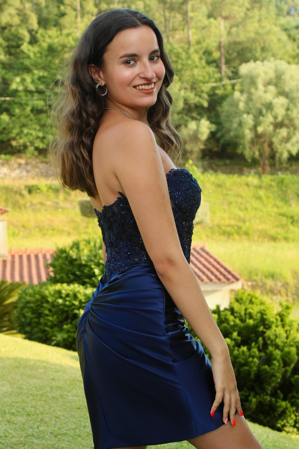 Navy Strapless Applique Tight Satin Mini Homecoming Dress