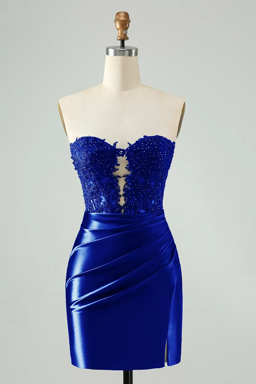 Navy Strapless Applique Pleated Satin Short Homecoming Dress