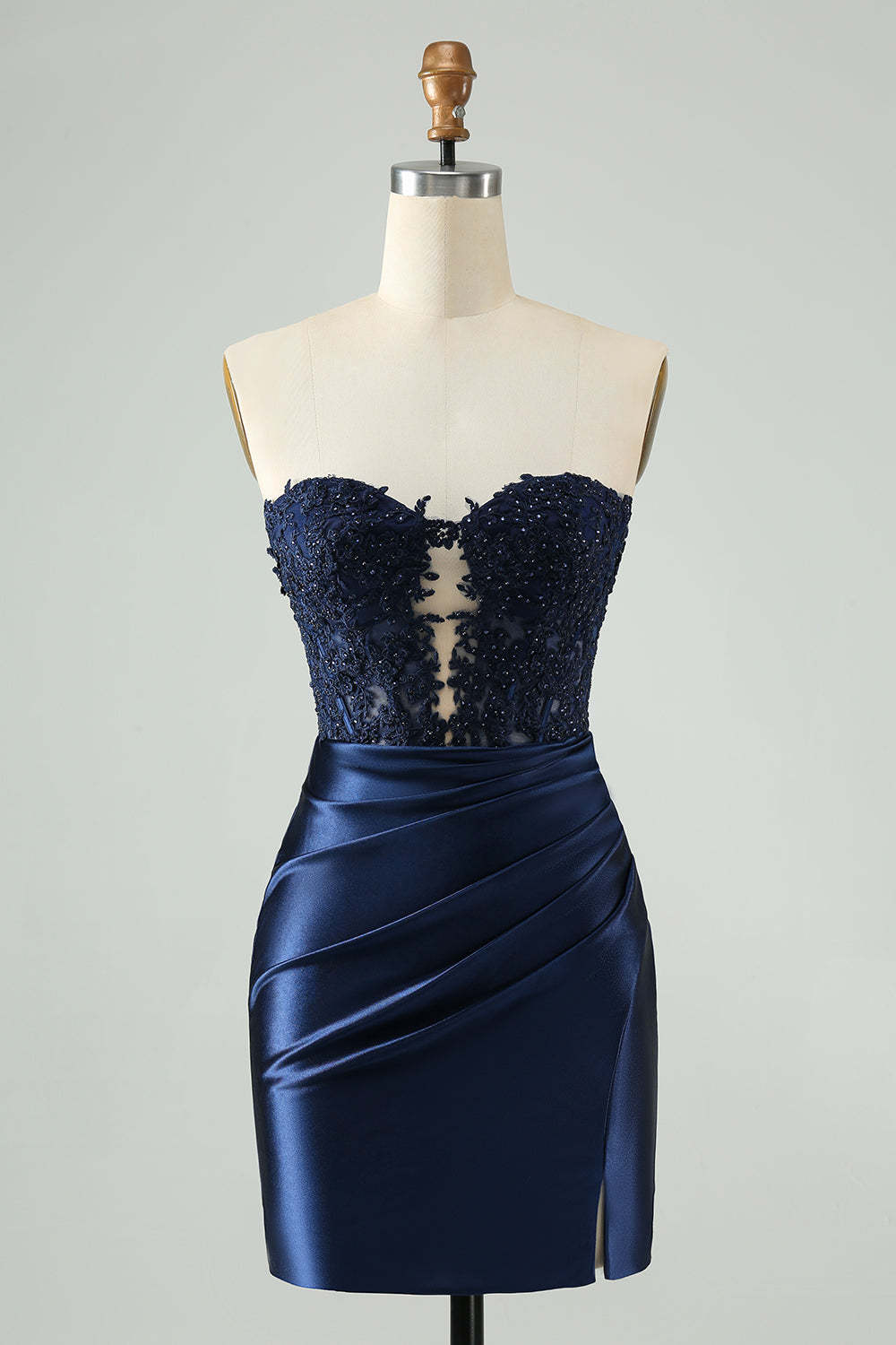 Navy Strapless Applique Pleated Satin Short Homecoming Dress