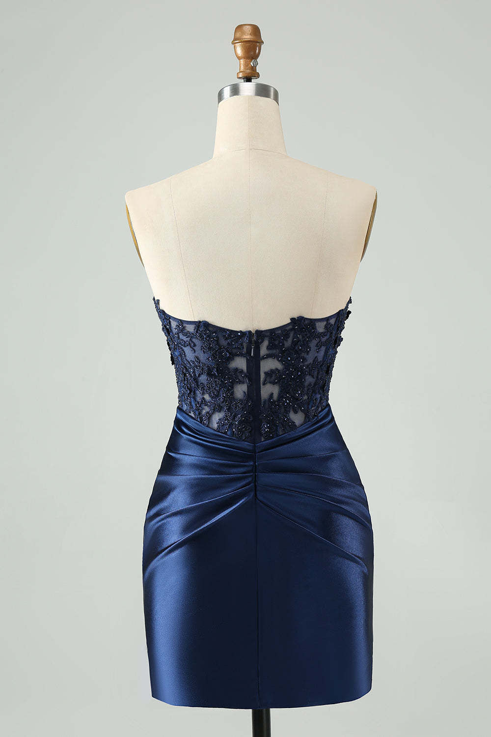 Navy Strapless Applique Pleated Satin Short Homecoming Dress
