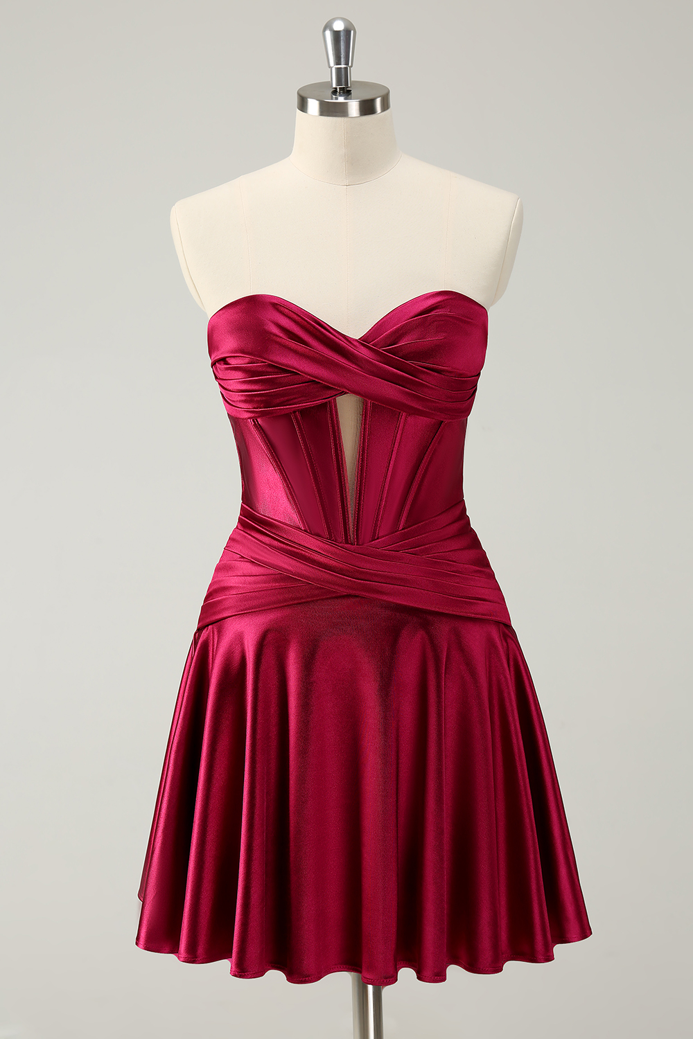 Burgundy Corset Pleated A Line Satin Short Homecoming Dress