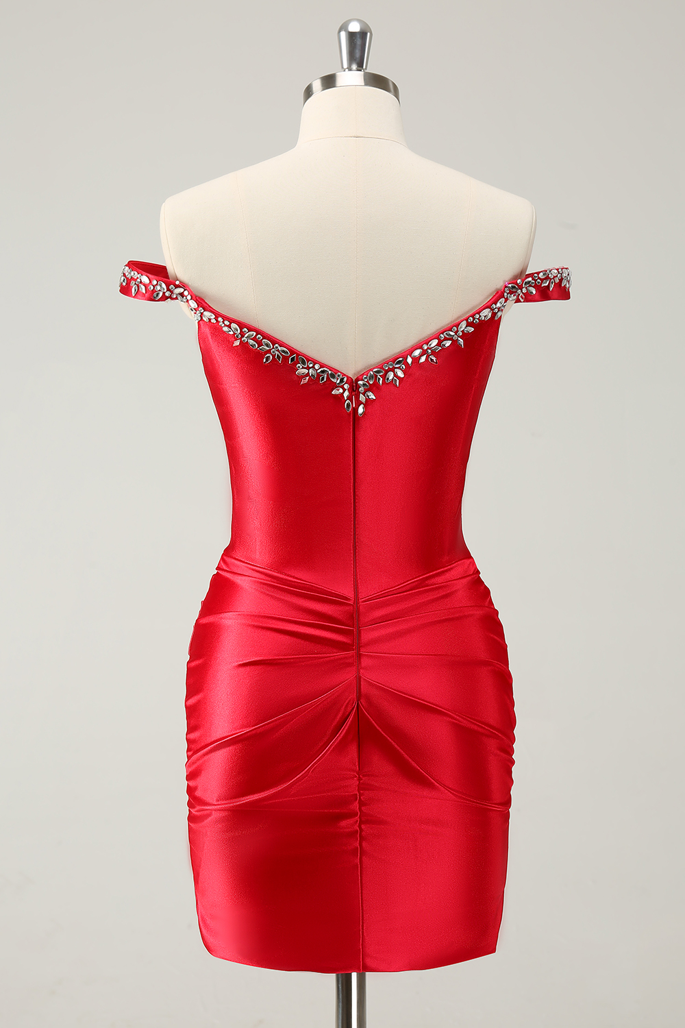 Red Off the Shoulder Satin Mini Homecoming Dress with Rhinestone