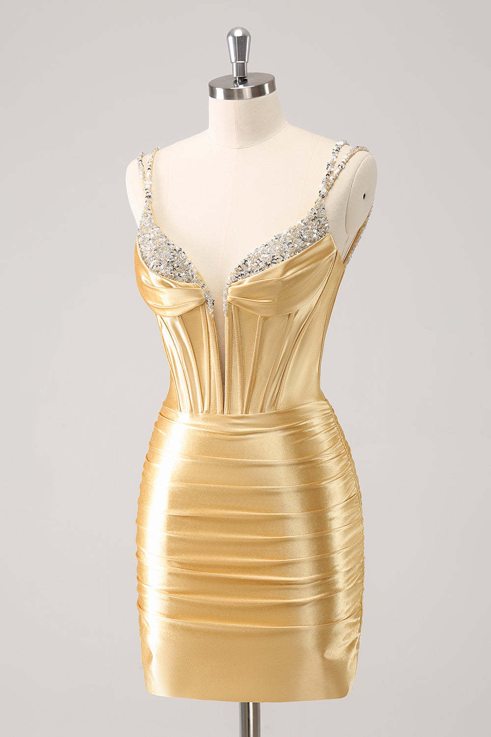Golden Spaghetti Straps Bodycon Homecoming Dress with Sequins