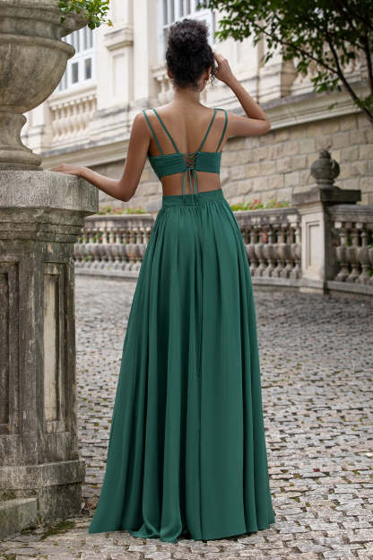 Dark Green Pleated V Neck A Line Chiffon Wedding Guest Dress
