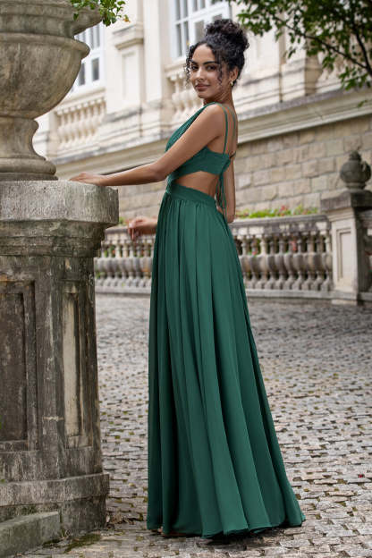 Dark Green Pleated V Neck A Line Chiffon Wedding Guest Dress
