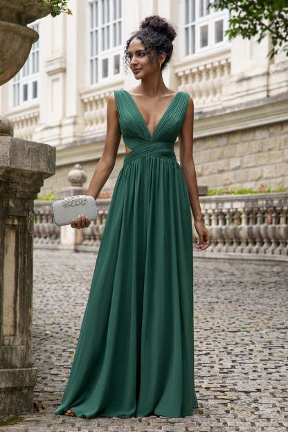 Dark Green Pleated V Neck A Line Chiffon Wedding Guest Dress