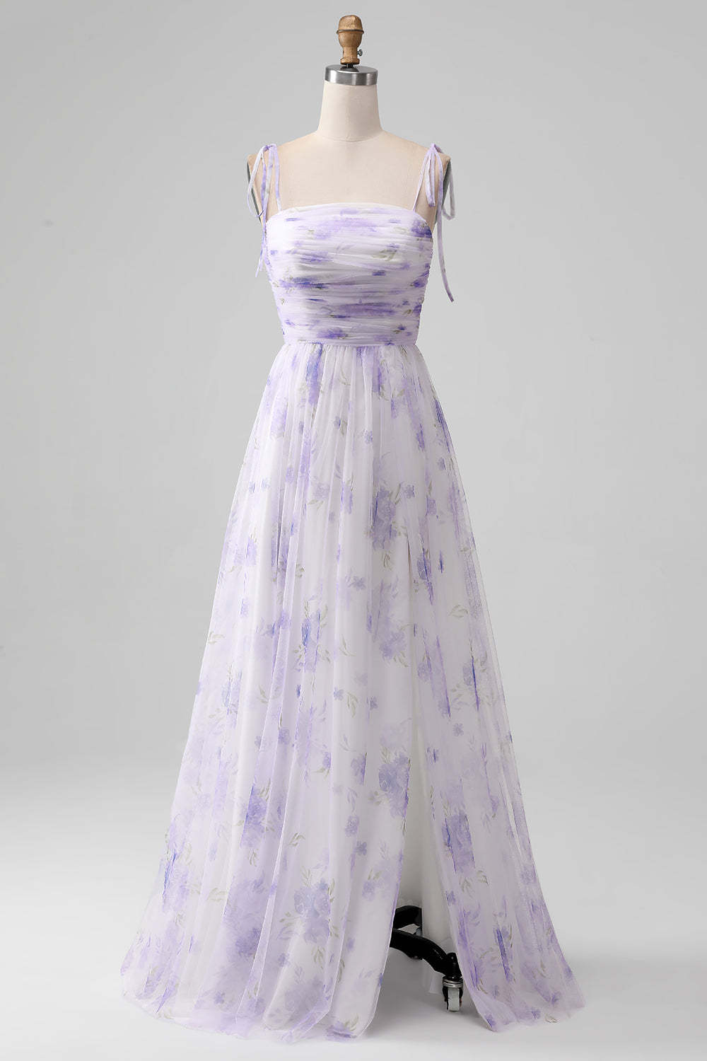 Leely Women Lavender Floral Print A-line Long Bridesmaid Dress with Slit Spaghetti Straps Pleated Long Formal Dress