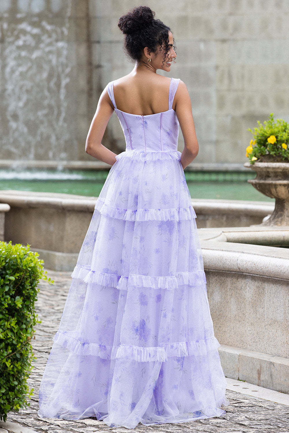 Lavender A Line Corset Boning Floral Tiered Floral Bridesmaid Dress