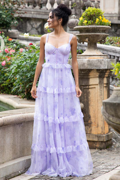 Lavender A Line Corset Boning Floral Tiered Floral Bridesmaid Dress