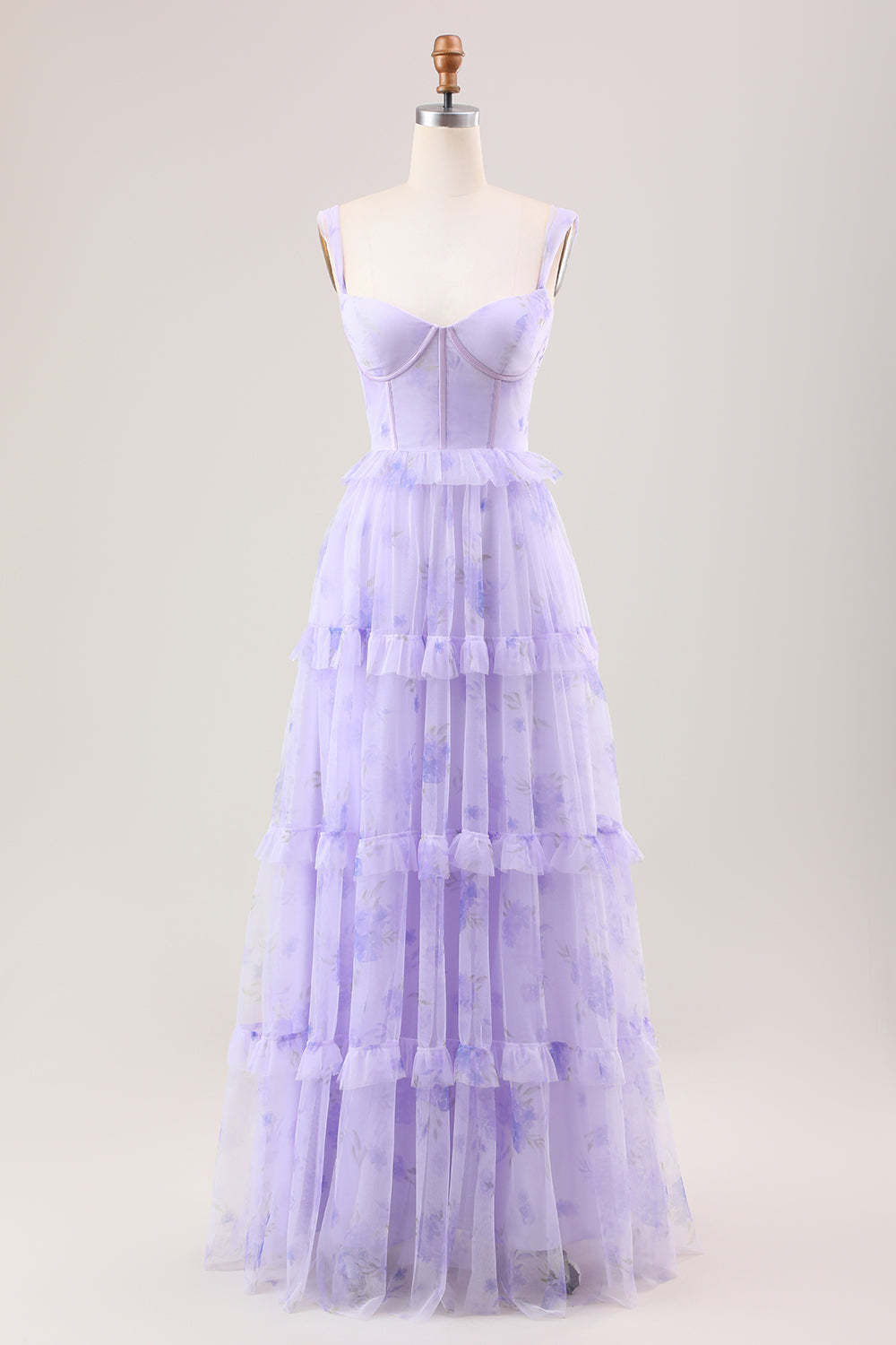 Leely Women Princess Lavender Bridesmaid Dress Corset Spaghetti Straps Tulle Print Tiered Long Wedding Party Dress