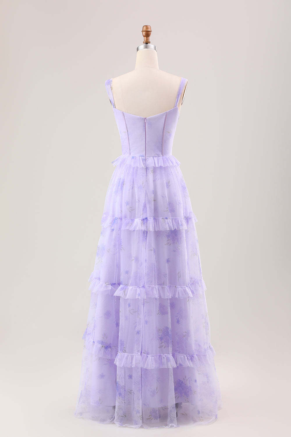 Lavender A Line Corset Spaghetti Straps Floral Tiered Long Bridesmaid Dress