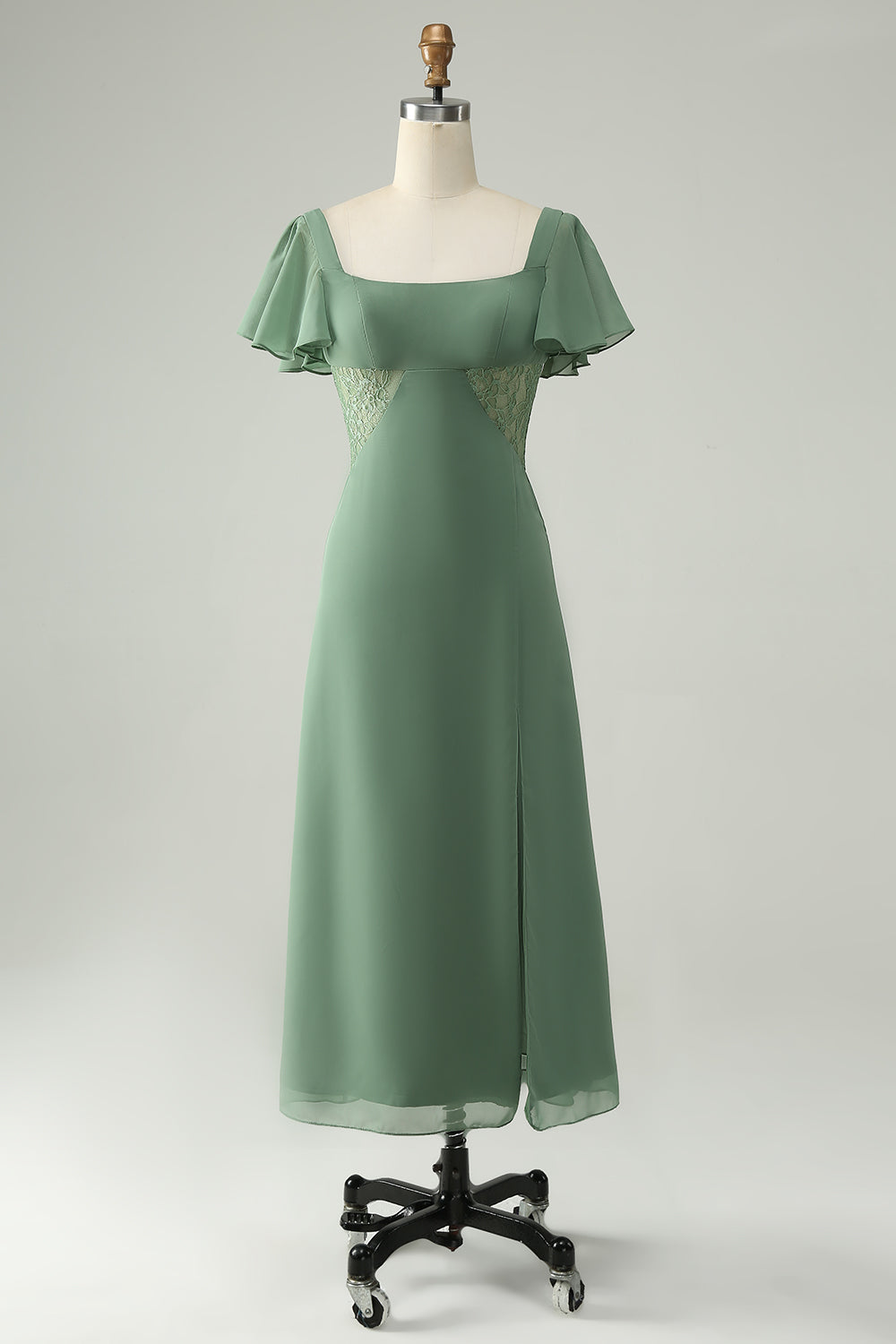 A Line Eucalyptus Square Neck Chiffon Bridesmaid Dress with Slit