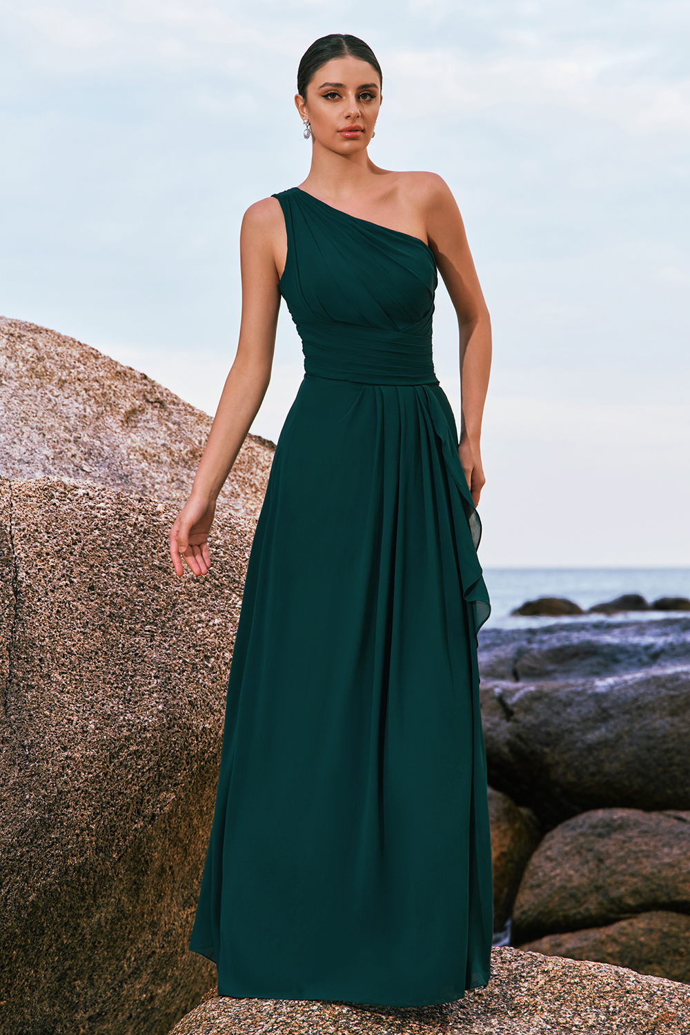Dark Green One Shoulder A-Line Ruched Long Bridesmaid Dress