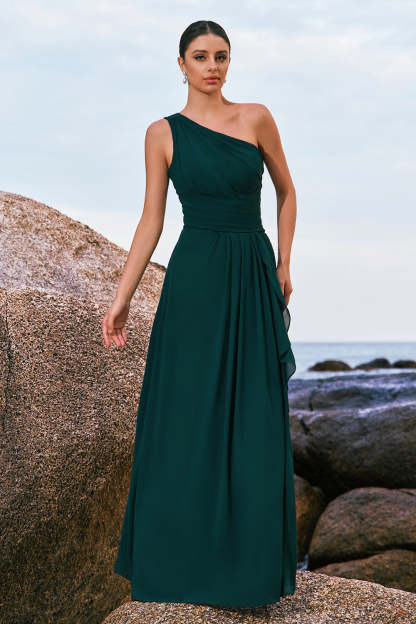 Dark Green One Shoulder Pleated A-Line Bridesmaid Dress with Ruffles