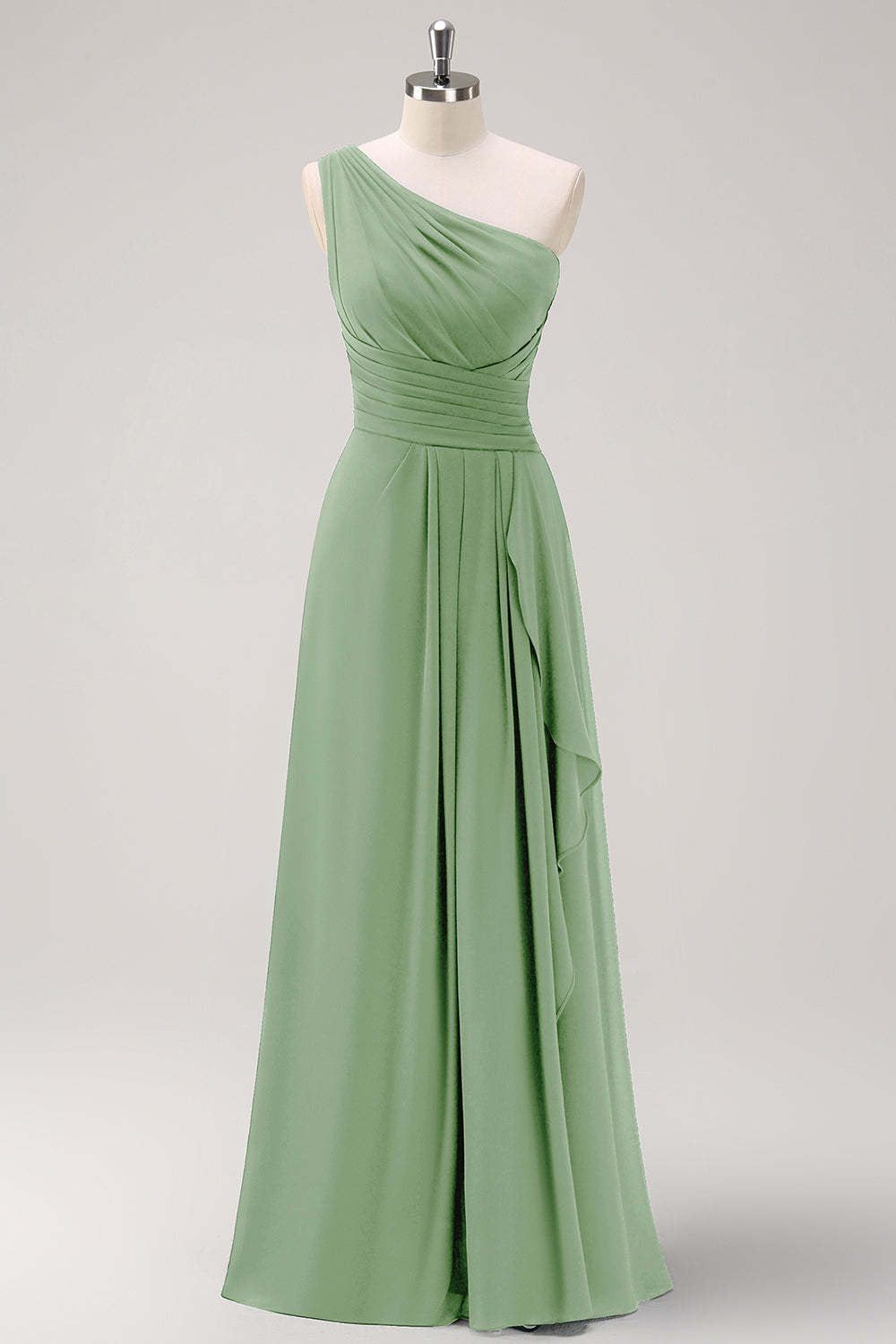 Dark Green One Shoulder Pleated A-Line Bridesmaid Dress with Ruffles
