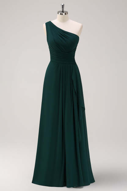 Dark Green One Shoulder Pleated A-Line Bridesmaid Dress with Ruffles