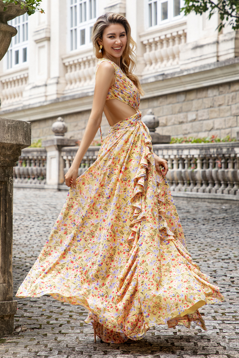 Yellow Small Flower Hollow Out A Line Wedding Guest Dress with Slit