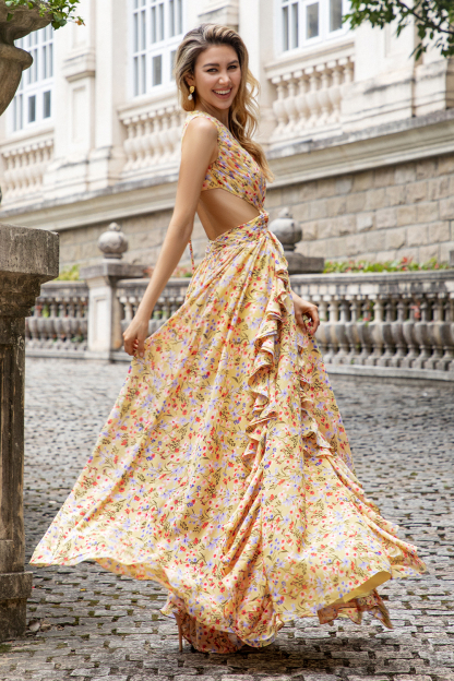 Yellow Small Flower Hollow Out A Line Wedding Guest Dress with Slit