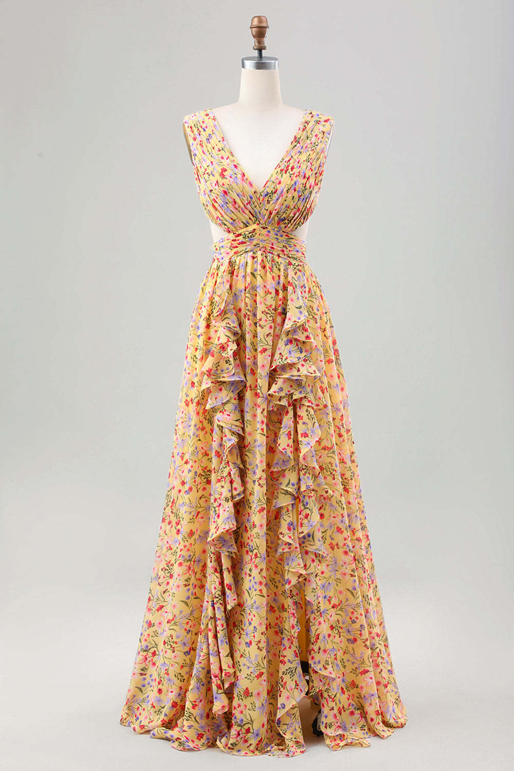 Leely Women Yellow Pleated Ruffles Flower Wedding Guest Dress Cut Out A Line Bridesmaid Dress with Slit