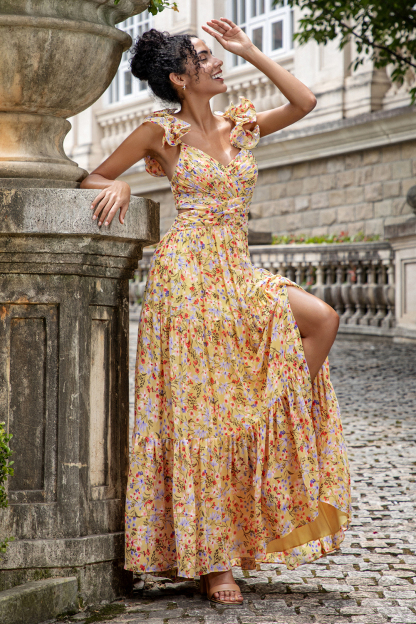 Yellow Flower A Line Cut Out Wedding Guest Dress with Slit