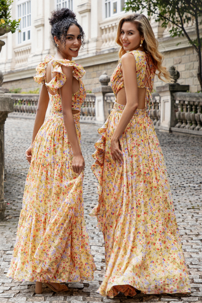 Yellow Flower A Line Cut Out Wedding Guest Dress with Slit