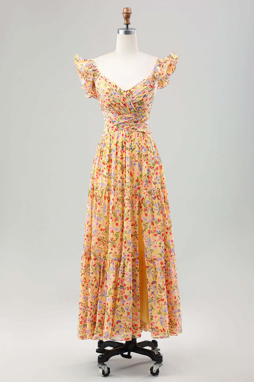 Leely Women Yellow Flower Pleated Wedding Guest Dress with Slit A Line Tea Length Bridesmaid Dress