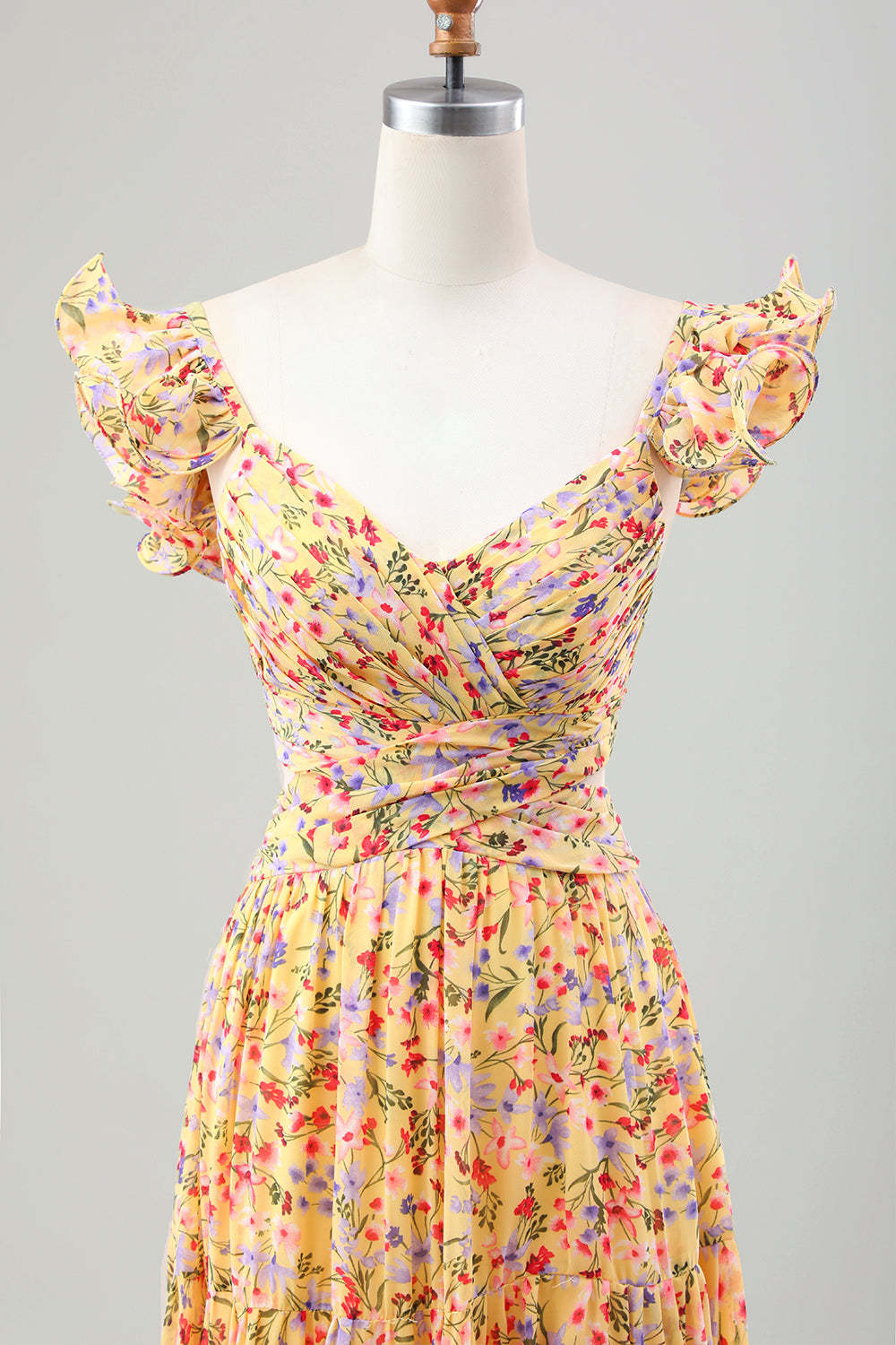 Yellow Flower A Line V Neck Print Pleated Wedding Guest Dress with Slit