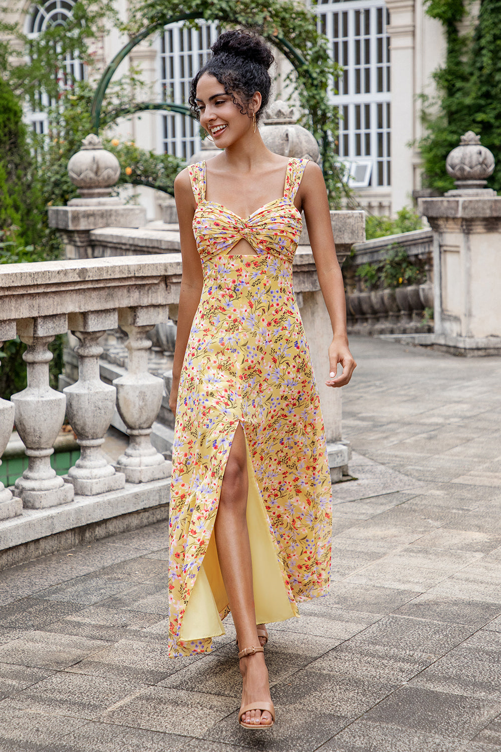 Yellow Flower Front Twist A Line Wedding Guest Dress with Slit